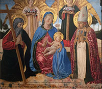 Benozzo Gozzoli, Pala di Sant’Andrea, Madonno col Bombino e due ongeli tra I sonti Andrea e Prospero