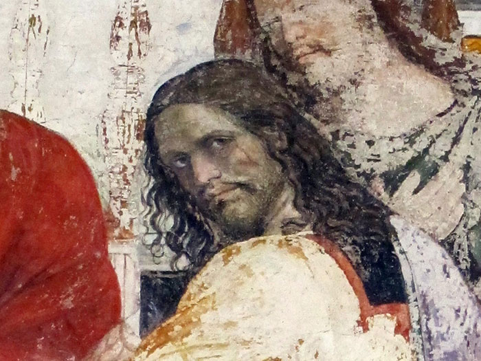 Il Sodoma, Laatste Avondmaal, 1516-1518 ca., Chiesa di San Bartolomeo a Monteoliveto, Firenze. (Detail met zelfportret