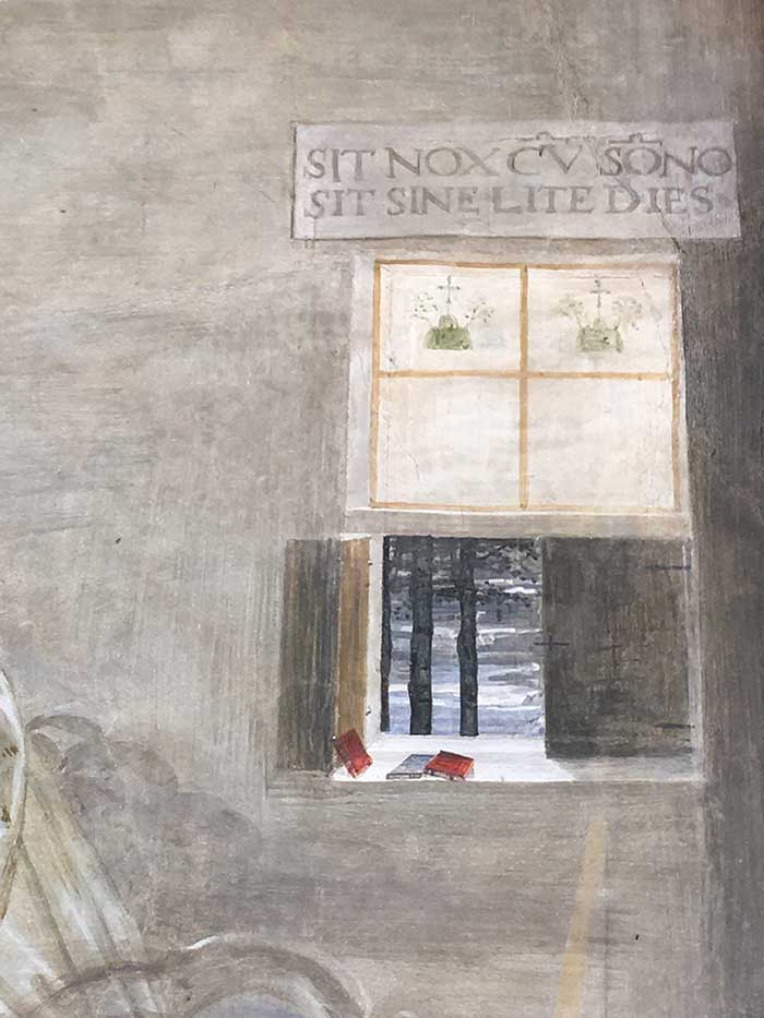 Il Sodoma, Ciclo di affreschi nel Chiostro Grande dell'Abbazia di Monte Oliveto Maggiore, Benedetto appare a due monaci lontani e loro disegna la costruzione di uno monastero