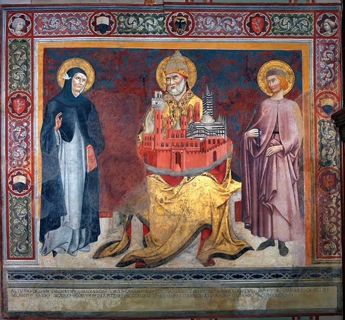 Sano di Pietro, Saint Peter Alessandrino between the Blessed Andrea Gallerani and Ambrogio Sansedoni, Palazzo Pubblico , Sala delle Lupe